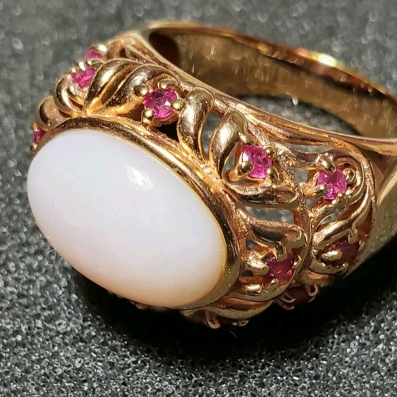 Stunning Sterling Silver 18k Gold Vermeil Pink Opal & Ruby Ring